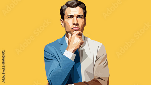 Thoughtful man in low poly art style on vibrant yellow background
