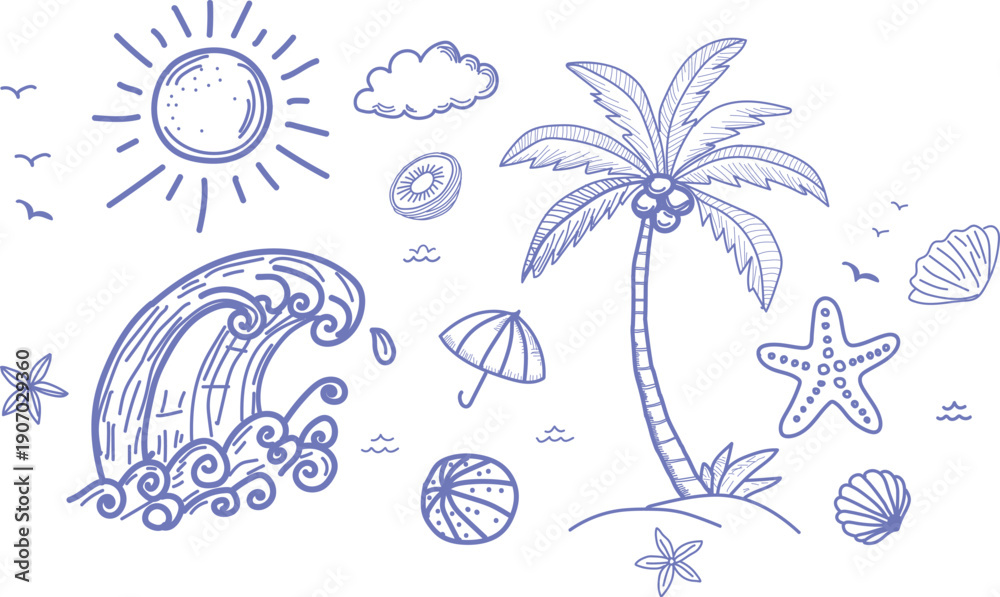 Fototapeta premium Hand drawn collection of various tropical beach vacation elements featuring a large ocean wave a solitary palm tree bright sun and scattered ocean life icons suitable for summer design projects