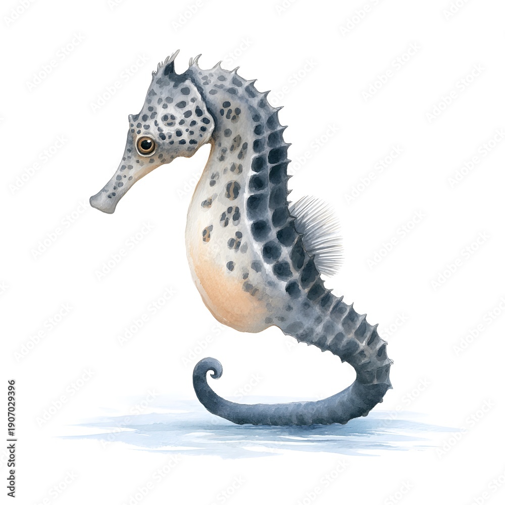 Fototapeta premium Grey watercolor seahorse with trendy leopard print pattern, exotic marine animal with blue spots isolated on white background