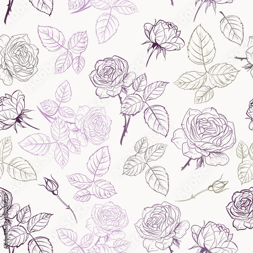 Rose vector seamless pattern with hand drawn flowers