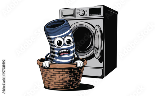 An anthropomorphic sock with wide eyes peers out of a laundry basket seemingly afraid of a washing machine high-quality professional.