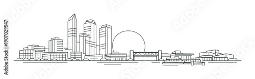 Minimalist cityscape skyline drawing with modern buildings and sunset