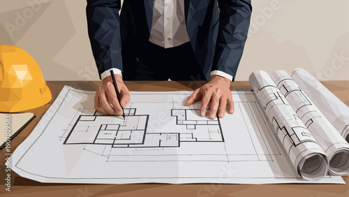 Architect working on blueprint with plans and helmet on desk