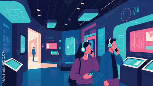 Illustration Of A Museum With Interesting Architecture And Use Of Audiovisual Technology, Visitors Wearing Headphones Vector Design Template