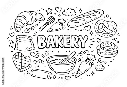 Hand-drawn bakery theme with bread, croissant, rolling pin, and baking tools