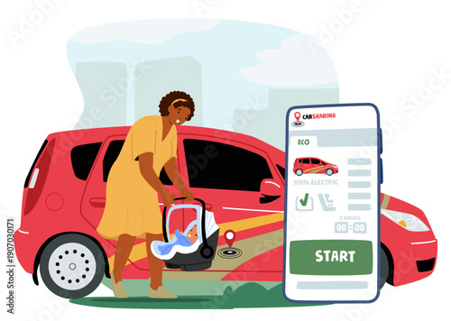 Young mother using smartphone app to rent electric car eco-friendly transport vector illustration