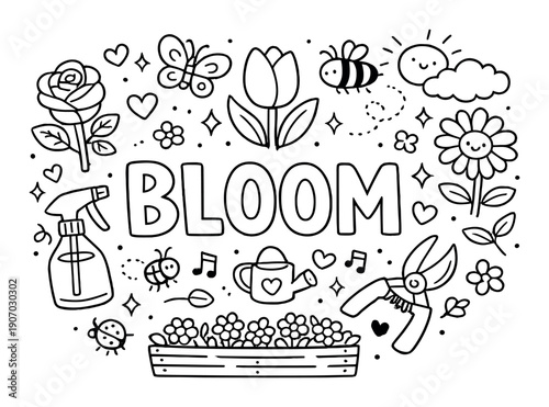 Blooming garden doodles with flowers, insects, and gardening tools in black and white
