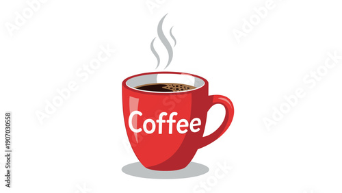 Steaming red coffee cup with text in flat design on white background
