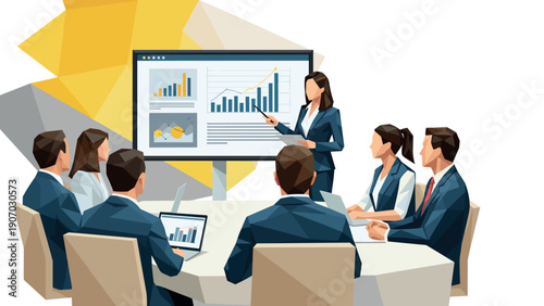Low poly business meeting with presentation on data analysis and growth strategy
