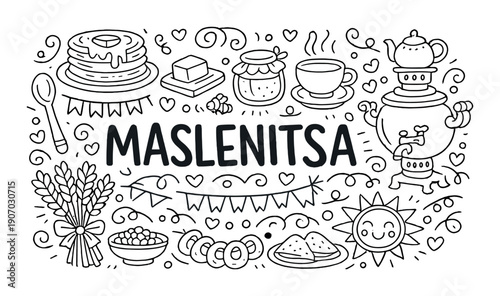 Maslenitsa celebration doodle: traditional russian festival elements and symbols