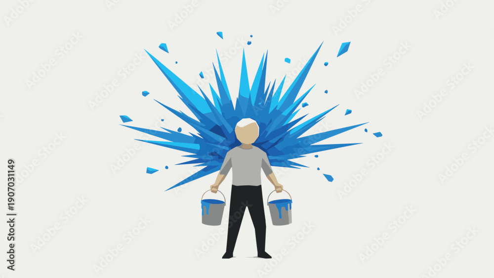 Fototapeta premium Abstract geometric art with person holding paint buckets and blue polygonal explosion