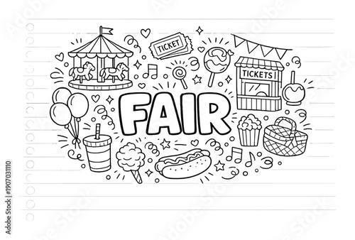 Black and white fair icons with carousel, snacks, and tickets on chalkboard background