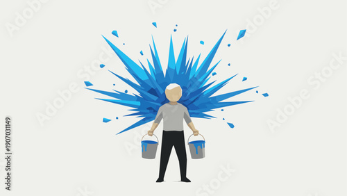 Abstract geometric art with person holding paint buckets and blue polygonal explosion