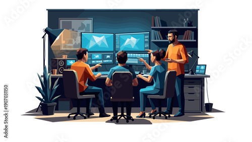 Creative team collaborating in modern office with dual monitors and technology