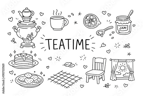Cozy teatime with samovar, lemon, and jam in a cute illustrated setting