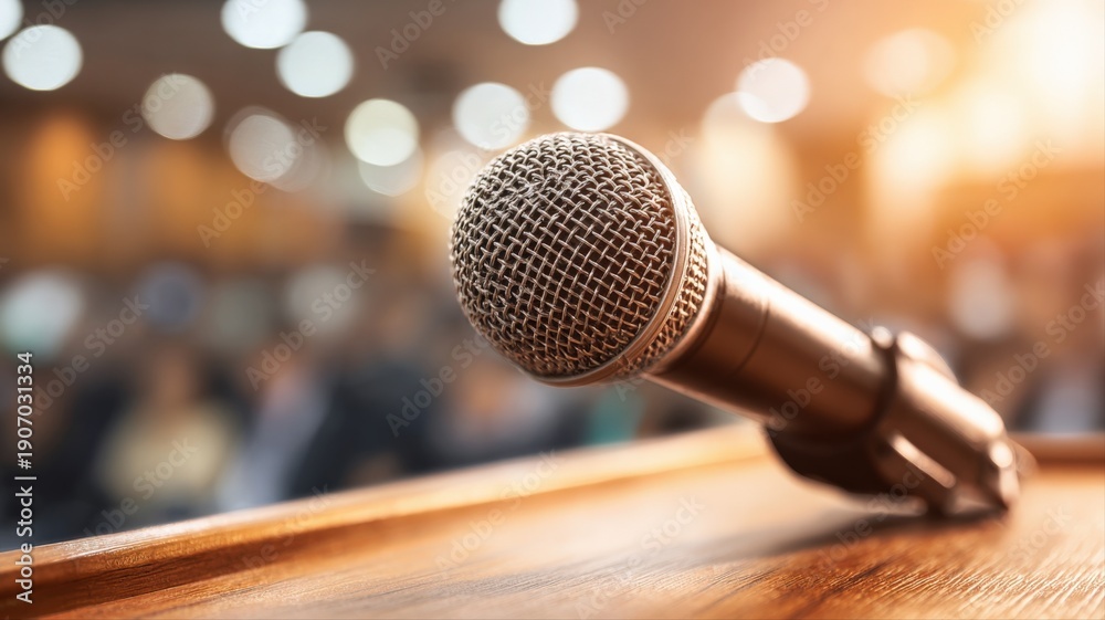 Obraz premium Microphone on Podium in Auditorium Ready for Speaker, Conference, or Presentation Event