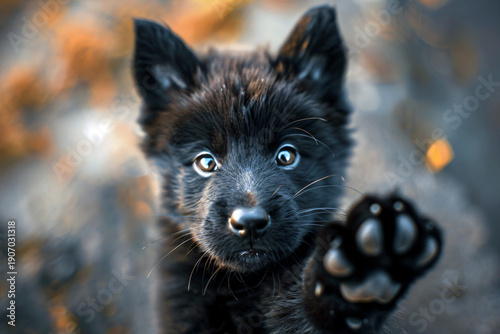 Cute black puppy reaching paw toward camera playful pet portrait with bright eyes shallow depth of field animal companionship concept