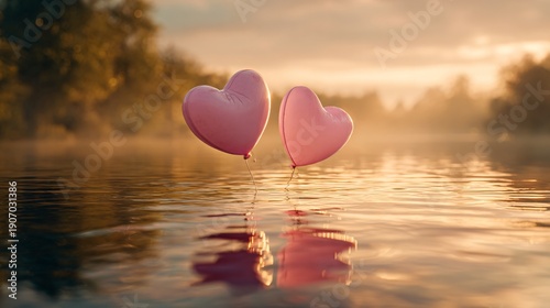 Two pink heart shapes floating on calm water at sunrise with soft reflection symbol of love romance peace and harmony