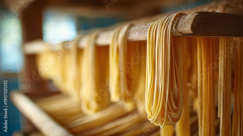 Fresh pasta noodles hanging on wooden rack in traditional kitchen preparation process Italian food culture and culinary craft