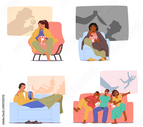 Cartoon set of young people and family couples characters spending time at home watching movies