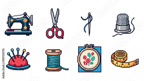 Pixel art sewing icons set: vintage sewing machine, embroidery, and more