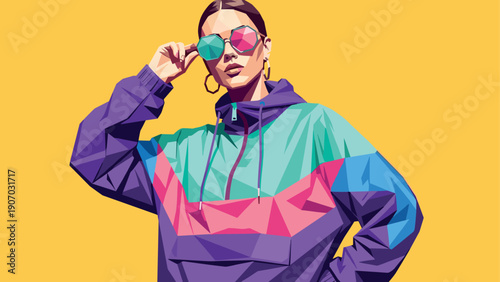 Retro futurism: colorful geometric fashion with bold neon in pop art style