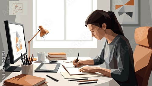 Geometric origami style workspace with woman sketching at desk in modern home office
