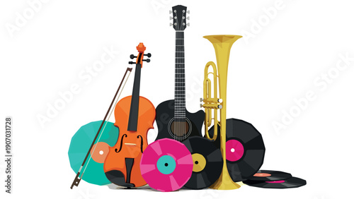 3d musical instrument collection with vinyl records