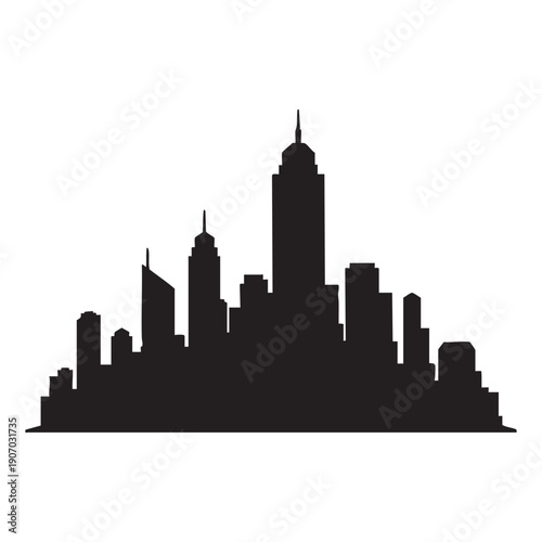 Modern city skyline silhouette black urban cityscape vector art illustration. downtown buildings and skyscrapers abstract panoramic view in dark tones. minimalist graphic design element
