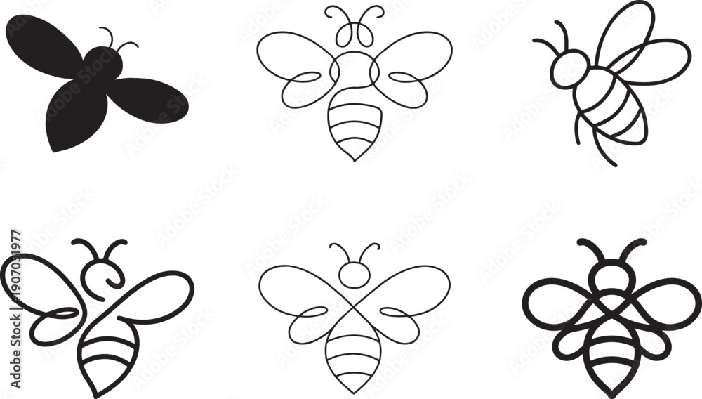 Αυτοκόλλητο One line and bold decorative bee icon set, farm and honey logo concept, minimal