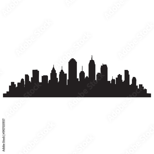 Panoramic city skyline silhouette vector graphic features wide array of skyscrapers and urban buildings along horizontal axis depicting expansive metropolitan landscape and downtown business area