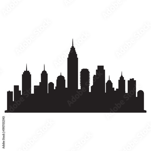 Minimalist urban skyline silhouette city landscape with various buildings and architectural structures creating a panoramic view of modern metropolis against a clear white background illustration