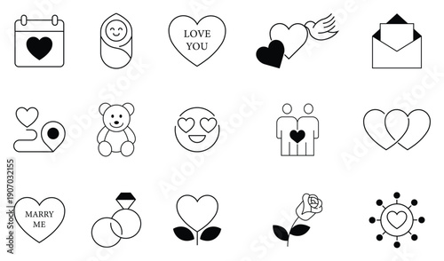 Set of romantic love icon. Containing couple with love, teddy bear, gift box, rose flower, love with bird, valentine theme and more. Diverse couple celebrating valentine's day design. Vector 