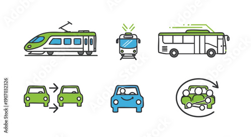 Shared Mobility and Public Transportation Icon Set: Electric Train, Bus, Car Sharing, and Carpooling Services.