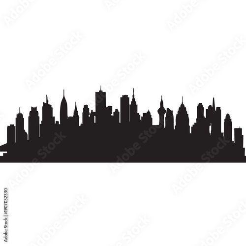 Urban skyline silhouette city landscape with various buildings and architectural structures creating a panoramic view of modern metropolis against a clear white background illustration