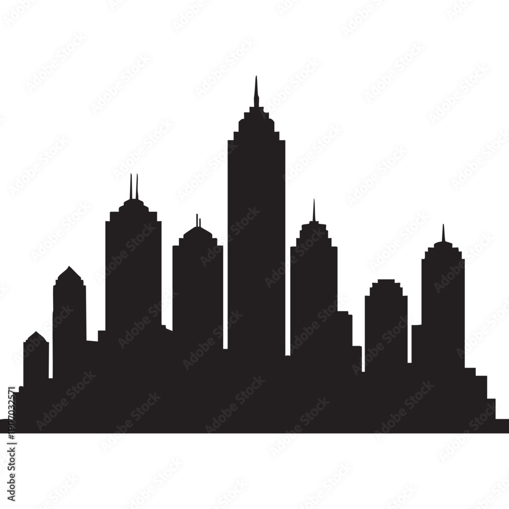 Fototapeta premium Urban architectural cityscape silhouette showcasing dramatic skyline with towering skyscrapers and diverse building forms creating a captivating panoramic view against a clean background