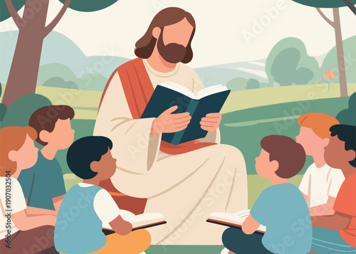 Children Learn from the Lord Jesus Illustrator Artwork Creative Design Template 