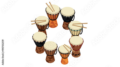 Circular arrangement of traditional djembe drums with drumsticks on white background