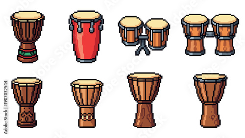 Pixel art collection of various hand drums with vibrant colors and detailed designs