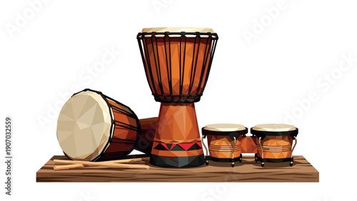 Colorful geometric drums on wooden surface with djembe and bongos