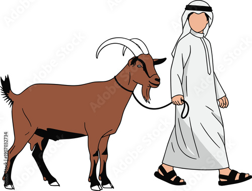 Arab man in traditional white thobe walking with brown goat on leash, Eid al-Adha sacrifice concept, Muslim religious festival celebration illustration