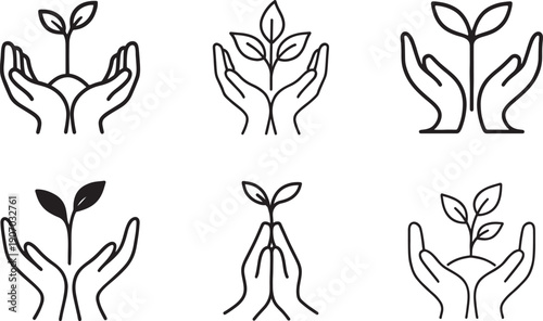 One line hands holding sprouting plant icon set, symbol of care, growth and sustainability