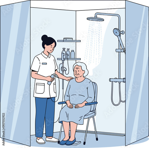 Caregiver helping senior woman sitting on chair in shower room for hygiene and daily assistance in nursing home isolated on white background