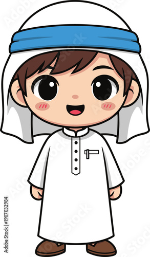 Cute cartoon little Arab boy wearing traditional white thobe and ghutra with blue headband, happy smiling young Muslim child character illustration
