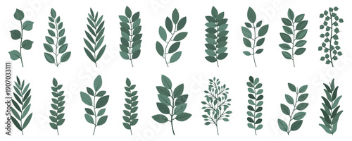Decorative green leaves collection with various botanical branches. Natural foliage elements in flat minimal style