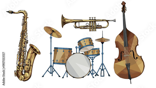 Polygonal musical instruments: saxophone, trumpet, drum set, and double bass in geometric style
