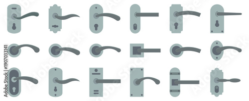 Door handles collection with modern metal designs. Interior hardware elements in flat style