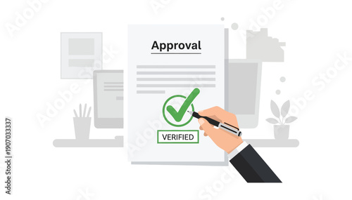 Hand holding pen signing verified approval document with check mark symbolizing validation and confirmation in business processes effectively