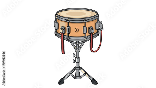 Snare drum on stand with red straps for music or performance design