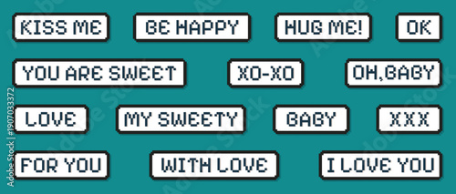 Pixel art love message buttons collection with romantic phrases. Retro game style ui elements on teal background